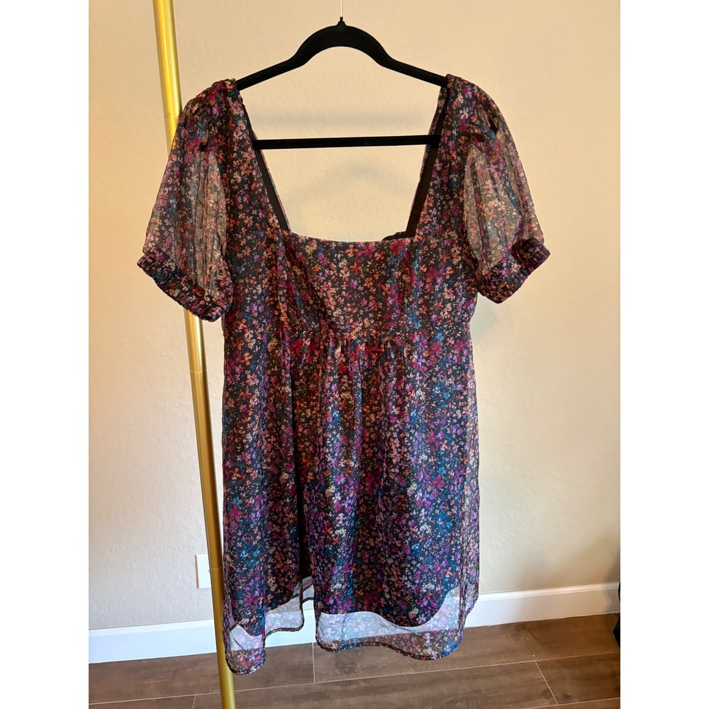 Wild‎ Fable Floral Square Neck Puff Sleeve Mini Dress XL Smocked Fairy Garden